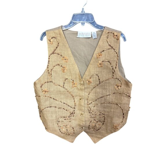 Vintage Passports Of Pier 1 Imports Womens Tan Embroidered Button-Up Linen Vest - Picture 1 of 4